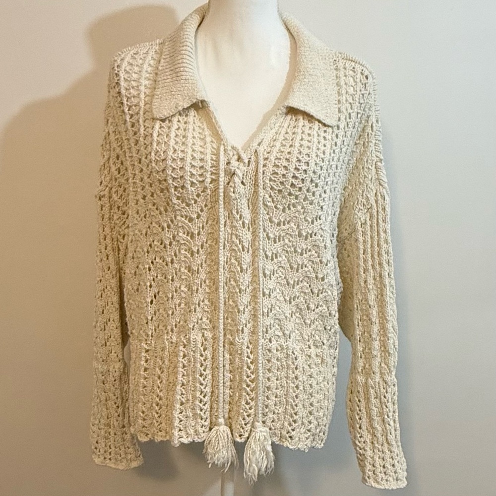 American Eagle Cream Open Knit Collared Sweater — Size XL
